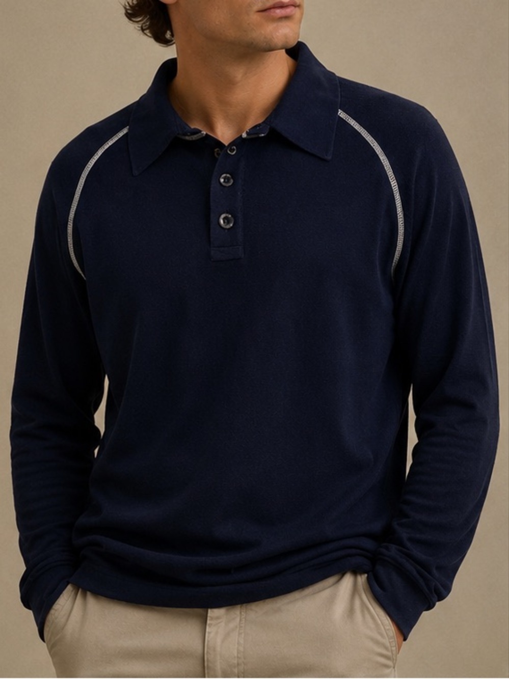 Armani Collezioni Navy Silk Cotton Long Sleeve Polo